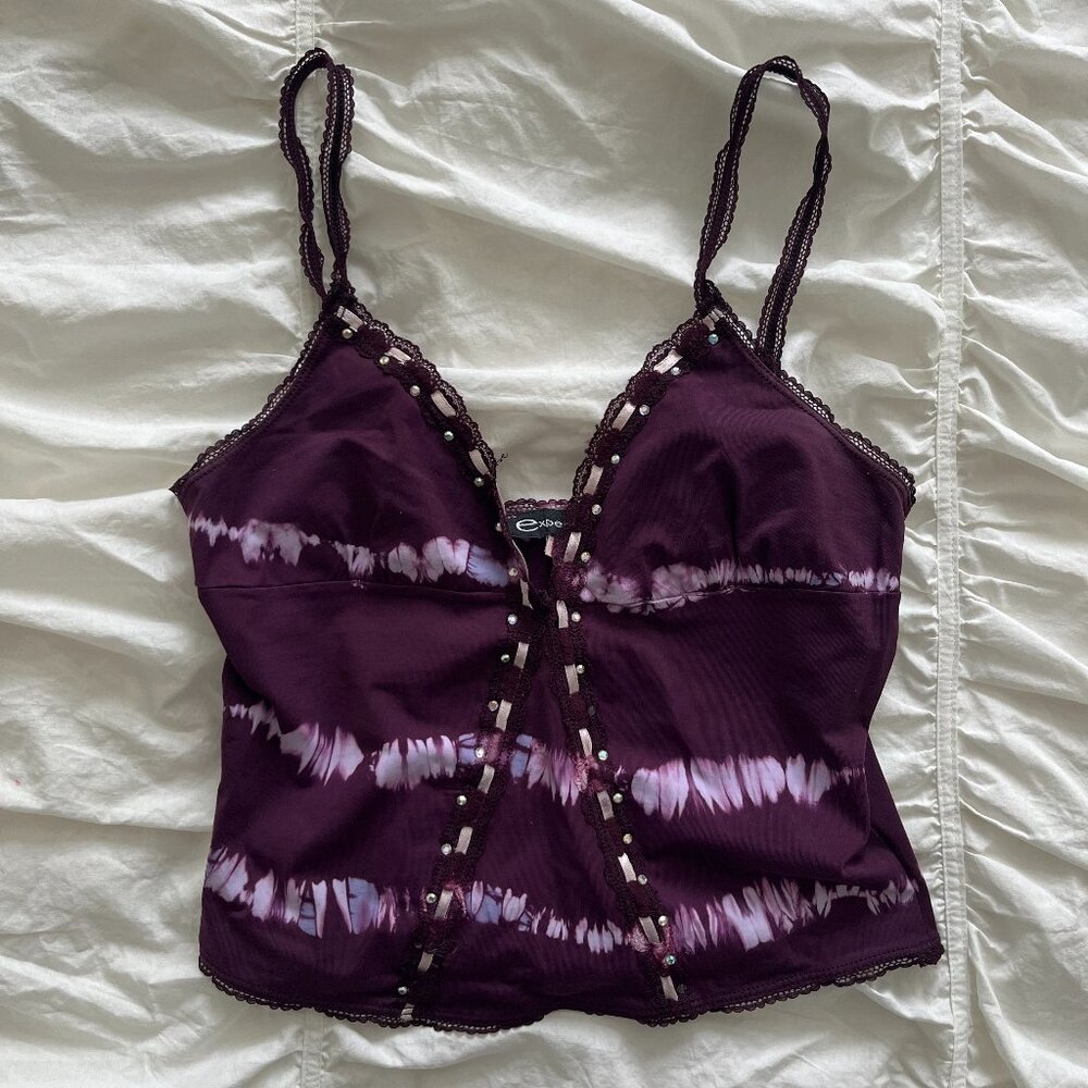 Vintage Tie-Dye Design Y2K Lace Trim Purple Top